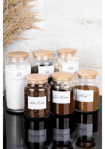 Luxury 6lı Ahşap Vakum Kapaklı Etiketli Çay Şeker Tuz Filtre Türk Kahve Cam Kavanoz Set 1300-800 ml 1 Adet