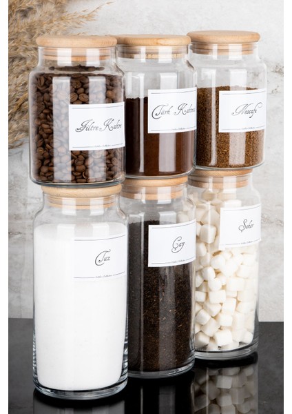 Luxury 6lı Ahşap Vakum Kapaklı Etiketli Çay Şeker Tuz Filtre Türk Kahve Cam Kavanoz Set 1300-800 ml 1 Adet