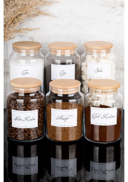 Luxury 6lı Ahşap Vakum Kapaklı Etiketli Çay Şeker Tuz Filtre Türk Kahve Cam Kavanoz Set 1300-800 ml 1 Adet