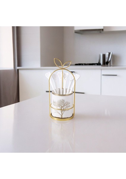 Luxury Gold Detaylı Ağaç Desenli Çatal Kaşık Takımı Standı ve 6 Adet Porselen Kaşık 1 Adet