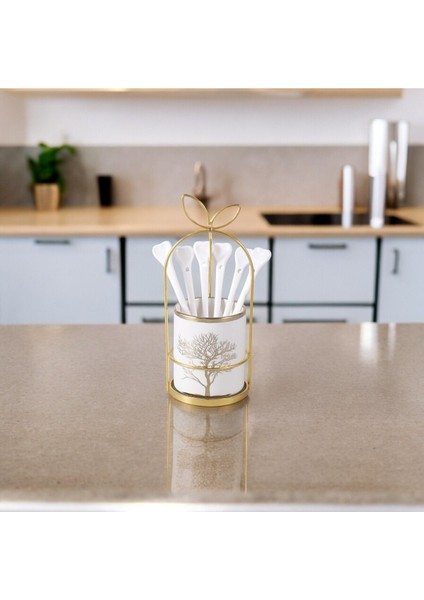 Luxury Gold Detaylı Ağaç Desenli Çatal Kaşık Takımı Standı ve 6 Adet Porselen Kaşık 1 Adet
