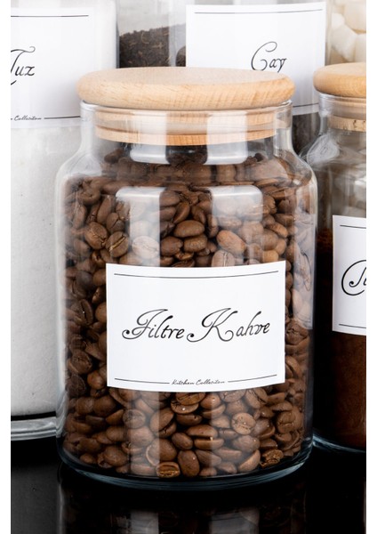 Luxury 6lı Ahşap Vakum Kapaklı Etiketli Çay Şeker Tuz Filtre Türk Kahve Cam Kavanoz Set 1300-800 ml 1 Adet