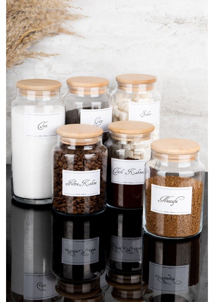 Luxury 6lı Ahşap Vakum Kapaklı Etiketli Çay Şeker Tuz Filtre Türk Kahve Cam Kavanoz Set 1300-800 ml 1 Adet