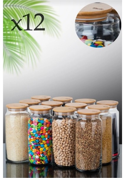 Luxury Bambu Vakumlu Kapaklı Etiketli 1,3 Lt Cam Kavanoz 12'li Set 1300 ml Bakliyat Baharat Saklama Takımı 1 Adet