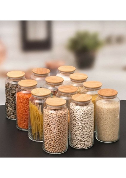 Luxury Bambu Vakumlu Kapaklı Etiketli 1,3 Lt Cam Kavanoz 12'li Set 1300 ml Bakliyat Baharat Saklama Takımı 1 Adet