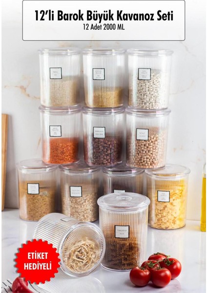 Luxury 12'li Barok Yuvarlak Büyük Kavanoz Seti & Saklama Kabı & Erzak Kabı (12*2000 Ml) 1 Adet