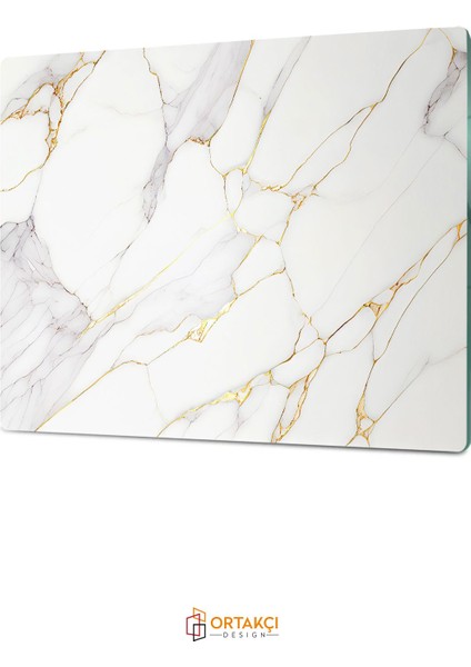 Luxury Gold Beyaz Detaylı Mermer Desenli | Temperli Cam Kesme Tahtası - Cam Kesme Tablası 20*30 cm 1 Adet