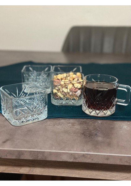 Luxury 12 Parça Kare Timeless Çerezlik ve Kulplu Cam Fincan Çay ve Bardak Seti 1 Adet
