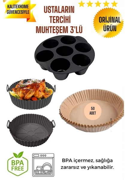 Luxury Tüm Airfryer'lara Uyumlu Silikon Pişirme Kabı Airfrıyer Silikon Kek Kalıbı 50LI Yağlı Kağıt 3lü Set 1 Adet