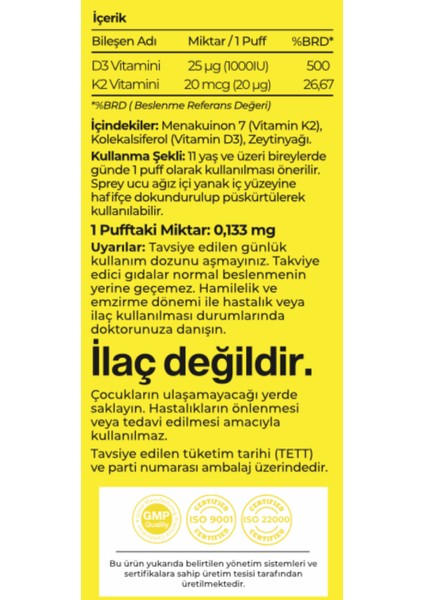 D3K2 Vitamini Sprey 20 ml 140 Puff
