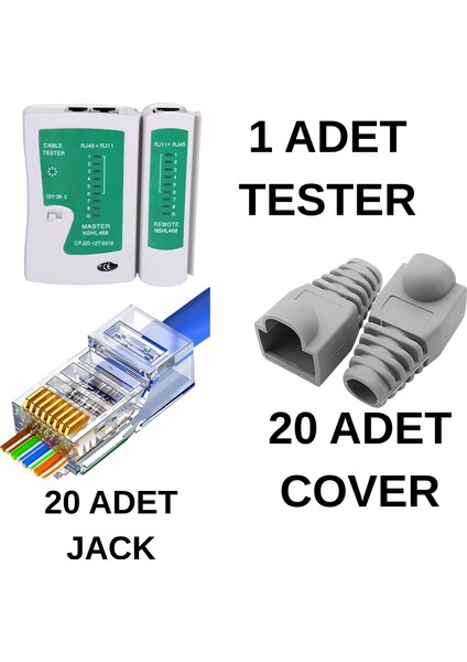 20 Adet Yeni Nesil Cat5 Cat6 RJ45 Delikli Jak + 20 Adet Cover Kılıf + Test Cihazı