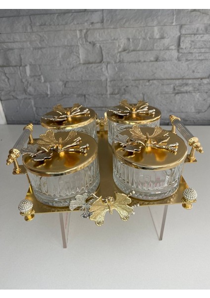 Luxury Gold Kelebekli 4lü Tepsili Kase Sunumluk/çerezlik Altın 26X25X9 cm 1 Adet fiyatları