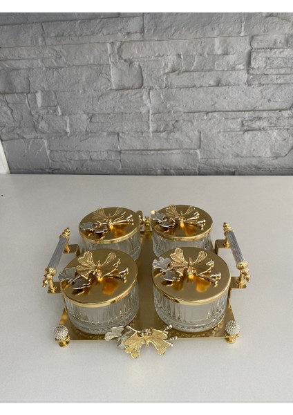 Luxury Gold Kelebekli 4lü Tepsili Kase Sunumluk/çerezlik Altın 26X25X9 cm 1 Adet modelleri