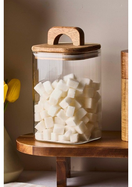 Luxury Acacia 1200 ml Akasya Vakum Kapak Borosilikat Kare Cam Kavanoz 10X15 cm 1 Adet