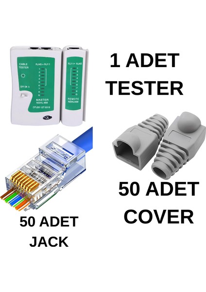 50 Adet Yeni Nesil CAT5CAT6 Jak+50 Adet Cover Kılıf+Test Cihazı