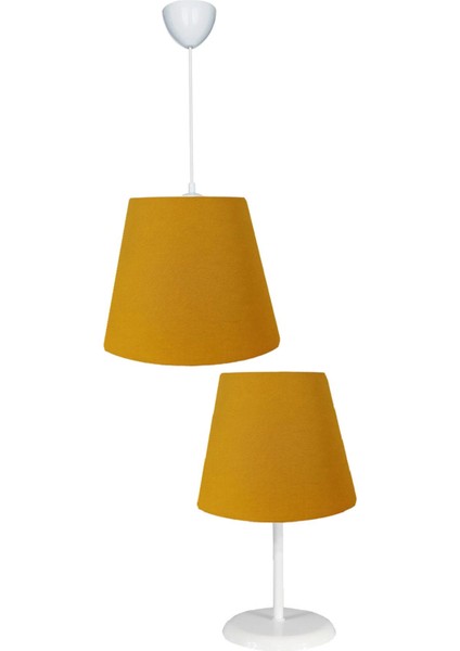 Konik Sarı Kumaş Kaplama 2.li Set 15 x 25 Yatak Odası Genç ve Çocuk Odası Avize ve Abajur Seti