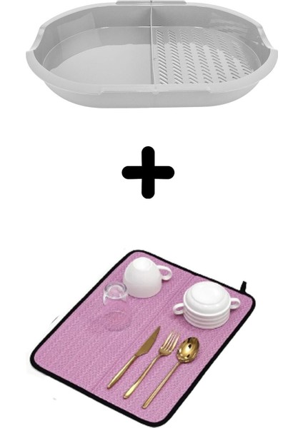 Luxury Çift Hazneli Kesme Panosu + Bulaşık Kurutma Matı 2'li Mutfak Seti Pembe 1 Adet