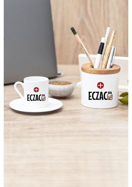 Luxury Beyaz Eczacı Baskılı Türk Kahvesi Fincanı ve Kalemlik 1 Adet