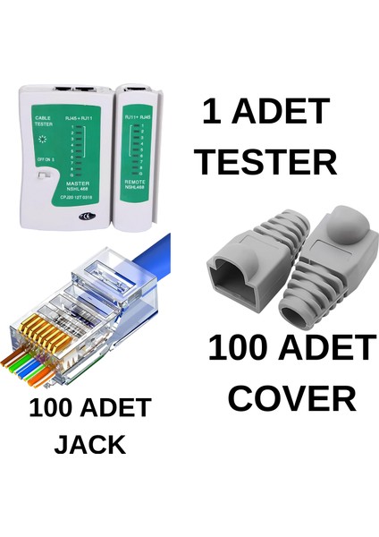 100 Adet Yeni Nesil CAT5CAT6 JAK+100 Adet Cover Kılıf+Test Cihazı