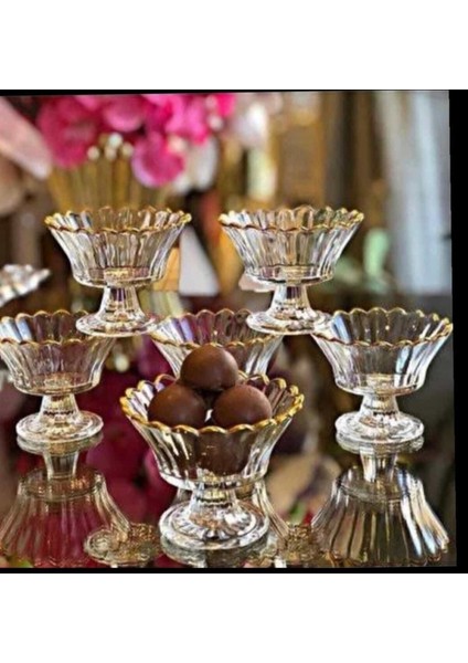 Luxury Evim Dekor Züccaciye 6 Lı Manolya Ayaklı Gold Detaylı Şekerlik Çerezlik Reçellik Sunumluk Kase 1 Adet