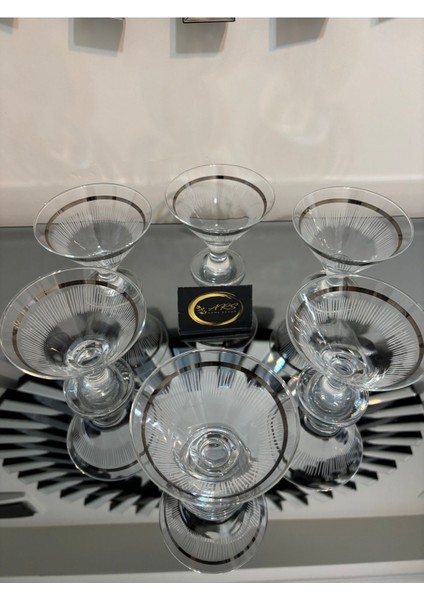 Luxury Ars Paşabahçe Gümüş Yaldızlı Dekorlu Ayaklı 6'lı Cam Kase Sunumluk, Şekerlik, Dondurmalık, Cup,çizgi 1 Adet