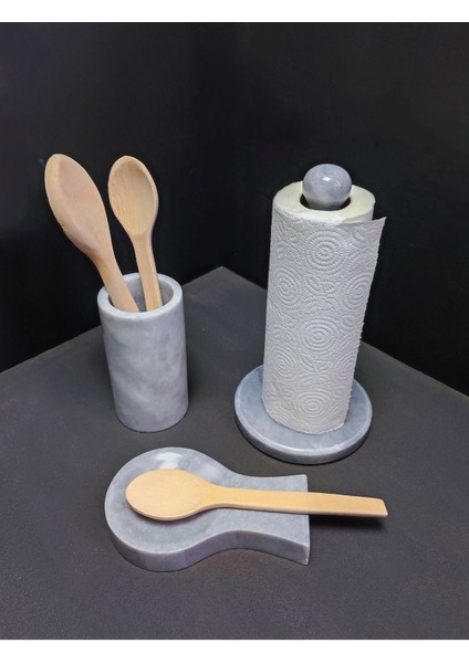 Luxury Mermer Mutfak Seti 3'lü, Grey, Doğal Mermer, Tezgah Üstü Organizer, 1 Adet