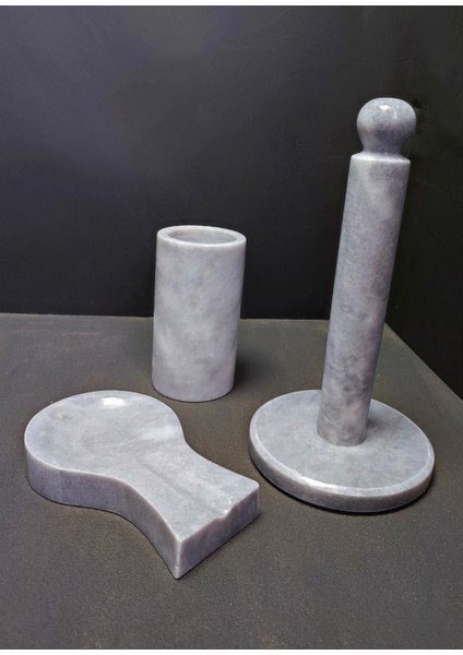 Luxury Mermer Mutfak Seti 3'lü, Grey, Doğal Mermer, Tezgah Üstü Organizer, 1 Adet