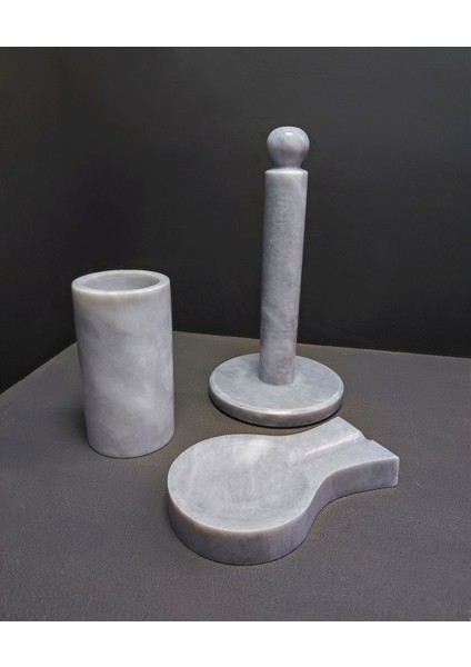 Luxury Mermer Mutfak Seti 3'lü, Grey, Doğal Mermer, Tezgah Üstü Organizer, 1 Adet