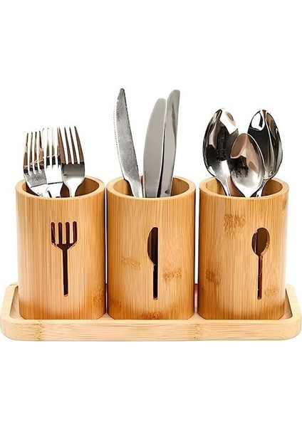 Luxury 4 Parça Bambu Kaşıklık Tezgah Üstü Servis Standı Dik Kaşıklık Düzenleyici 1 Adet