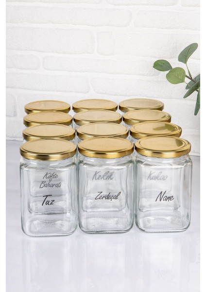 Luxury 12'li Gold Metal Kapaklı Kare Cam Kavanoz Saklama Seti Baharatlık Seti 720 ml 1 Adet