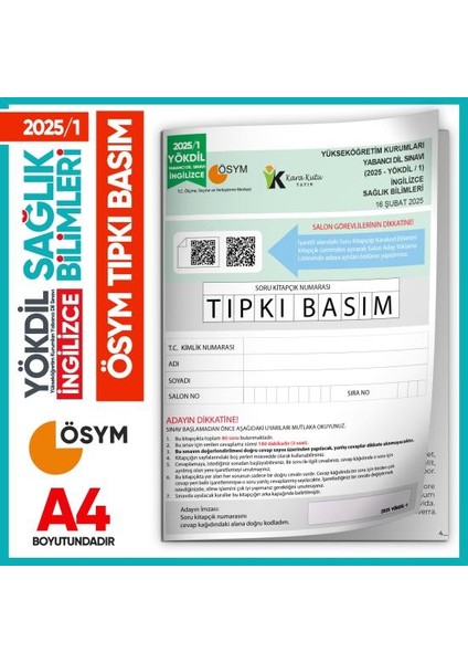 2025/1 Yökdil Ingilizce Sağlık Bilimleri Ösym Çıkmış Soru Tıpkı Basım Deneme Kitapçığı Tg