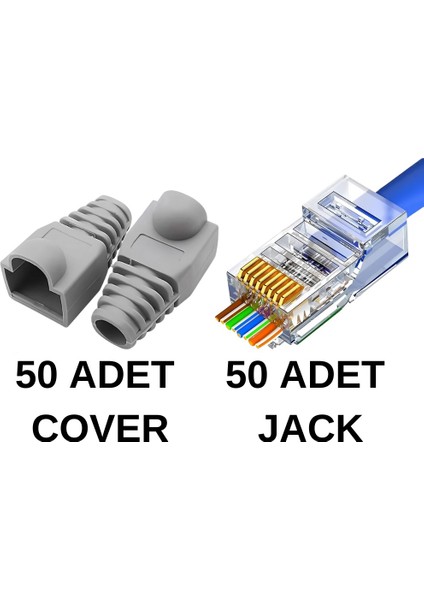 50 Adet Yeni Nesil Delikli RJ45 Cat5 Cat6 Jak + 50 Adet Cover Kılıf