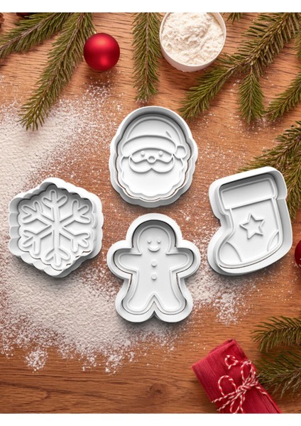 Luxury Noel Baba,gingerbread,kar ve Çorap Desenli 4'lü Kurabiye Kalıbı Kesici Hamur Şekillendirici Seti 1 Adet