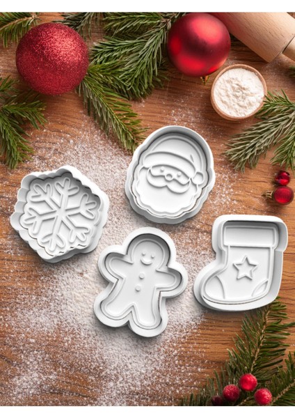 Luxury Noel Baba,gingerbread,kar ve Çorap Desenli 4'lü Kurabiye Kalıbı Kesici Hamur Şekillendirici Seti 1 Adet modelleri
