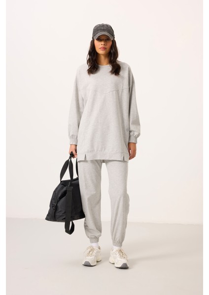 Gri Melanj O Yaka Basic Oversize Kadın Eşofman Tunik Takım - 95347