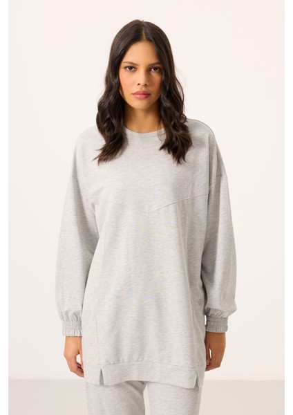 Gri Melanj O Yaka Basic Oversize Kadın Eşofman Tunik Takım - 95347