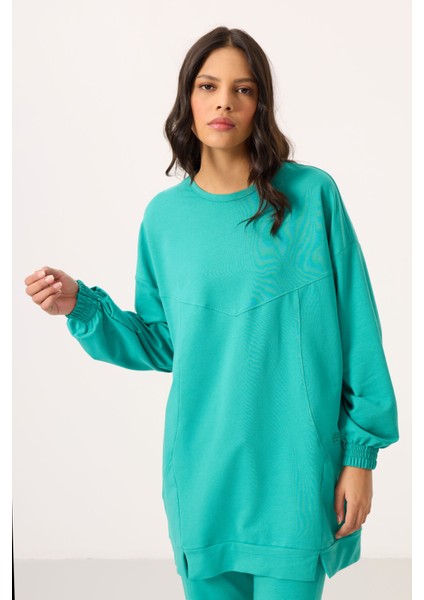 Deniz Yeşil O Yaka Basic Oversize Kadın Eşofman Tunik Takım - 95347