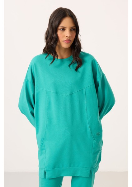 Deniz Yeşil O Yaka Basic Oversize Kadın Eşofman Tunik Takım - 95347