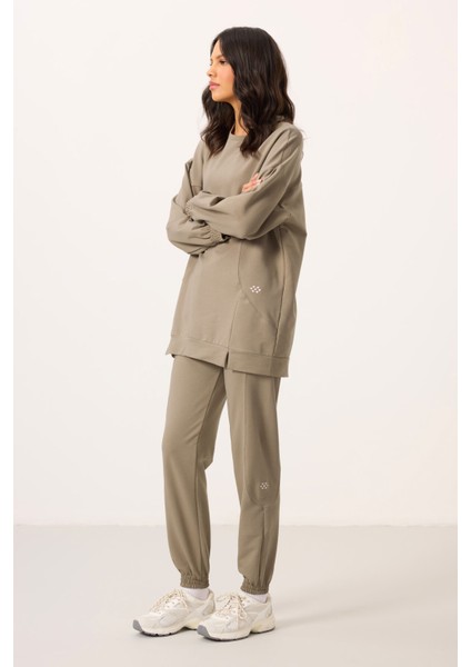 Koyu Bej O Yaka Basic Oversize Kadın Eşofman Tunik Takım - 95347