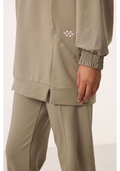 Koyu Bej O Yaka Basic Oversize Kadın Eşofman Tunik Takım - 95347