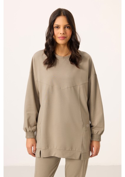 Koyu Bej O Yaka Basic Oversize Kadın Eşofman Tunik Takım - 95347