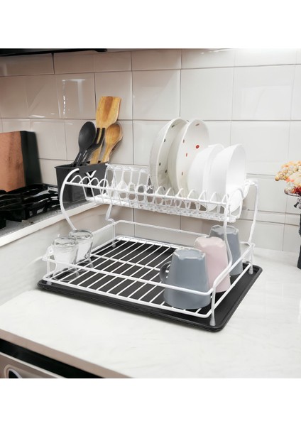 Luxury Simge Iki Katlı (2 Katlı) Metal Bulaşıklık Tabaklık Termo Plastik Kaplama Beyaz 41 x 36 cm 1 Adet