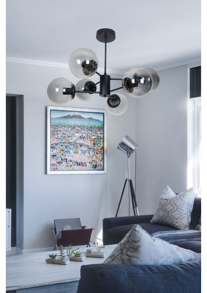 Oscar Modern Lüks Tasarım Siyah Renk Kasa Füme Camlı Salon - Mutfak - Yatak Odası 6 Lı Avize