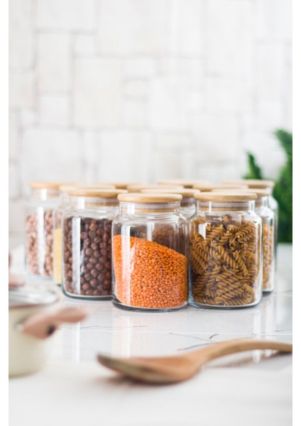 Luxury 12 Lü Set Bambu Kapaklı Cam Kavanoz & Erzak Saklama Kabı 800 ml Orta Boy ( Vakum Kapak ) 1 Adet modelleri