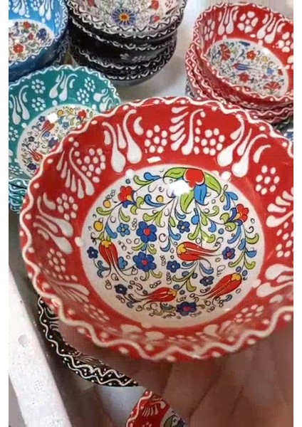 Luxury 6 Adet El Yapımı Çini Motifli Orta Boy (12 cm Çapında) Çini Motifli Seramik Kase Takımı-Hand Made 1 Adet