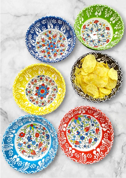 Luxury 6 Adet El Yapımı Çini Motifli Orta Boy (12 cm Çapında) Çini Motifli Seramik Kase Takımı-Hand Made 1 Adet