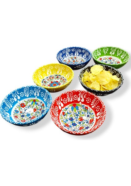 Luxury 6 Adet El Yapımı Çini Motifli Orta Boy (12 cm Çapında) Çini Motifli Seramik Kase Takımı-Hand Made 1 Adet