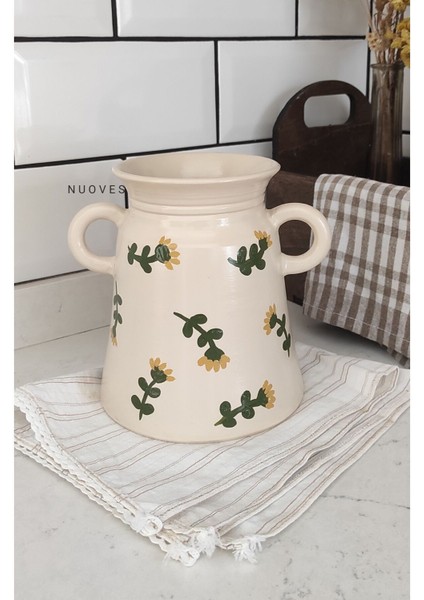 Luxury Çiçek Desenli Kulplu Dekoratif Kaşıklık & Vazo 1 Adet