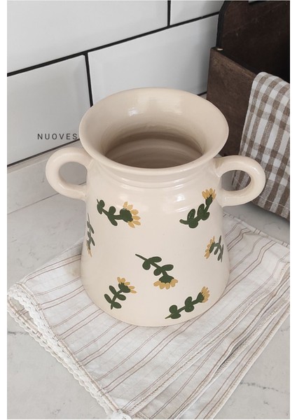 Luxury Çiçek Desenli Kulplu Dekoratif Kaşıklık & Vazo 1 Adet