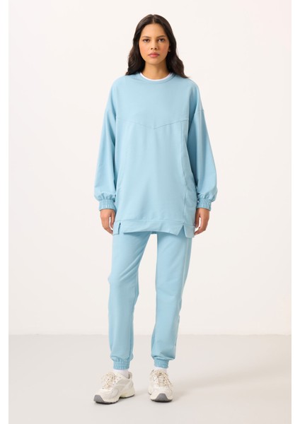 Açık Mavi O Yaka Basic Oversize Kadın Eşofman Tunik Takım - 95347
